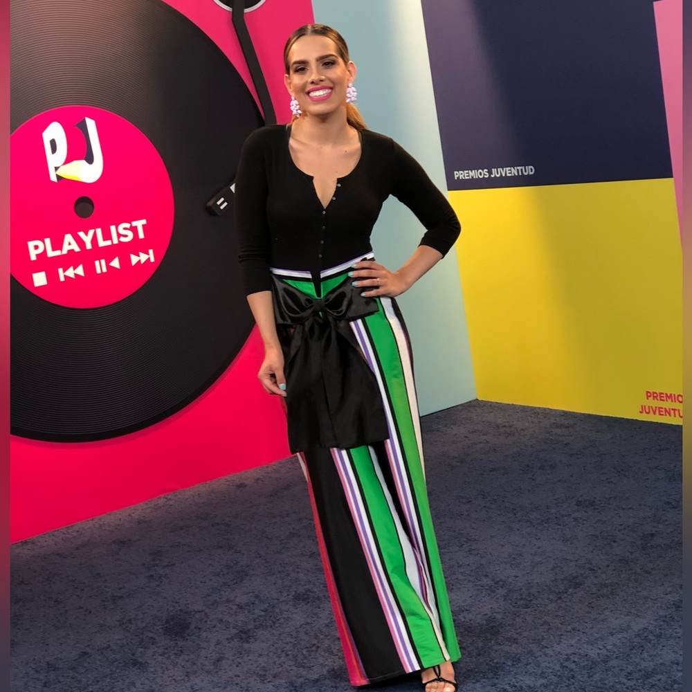 Multicolor palazzo silk pants with statement bow.